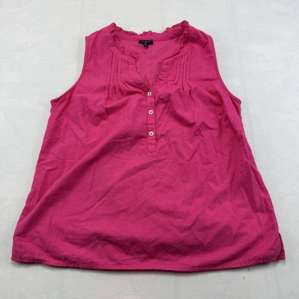 Talbots Womens Petite MP Blouse Hot Pink Sleeveless Ruffle Neck Cotton Top